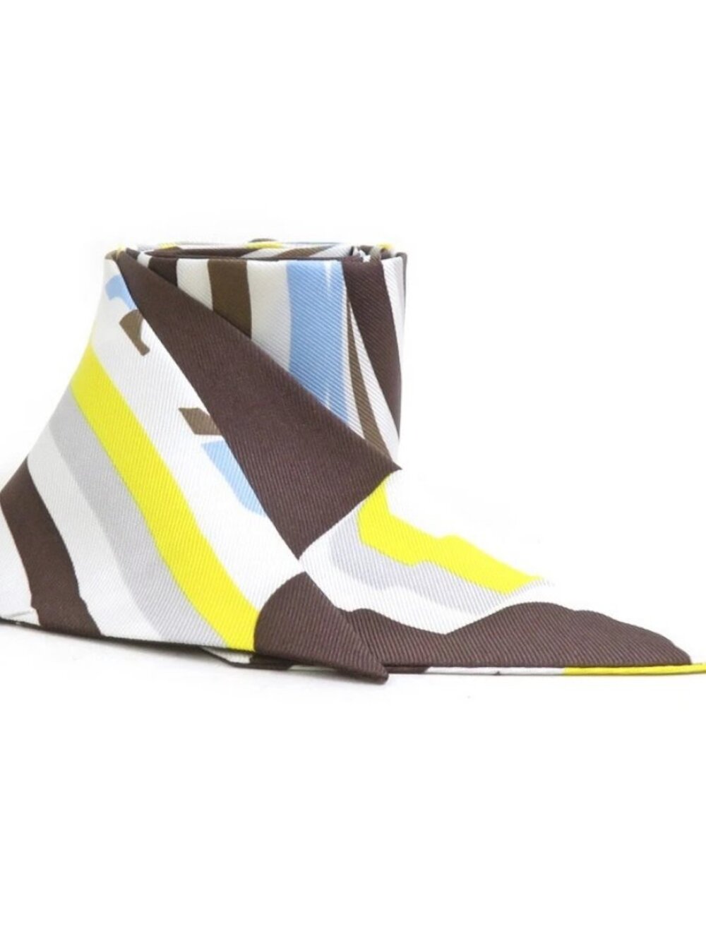 Auth HERMES Twilly Ribbon Scarf White/Brown/Yellow/Blue Silk - e62246a